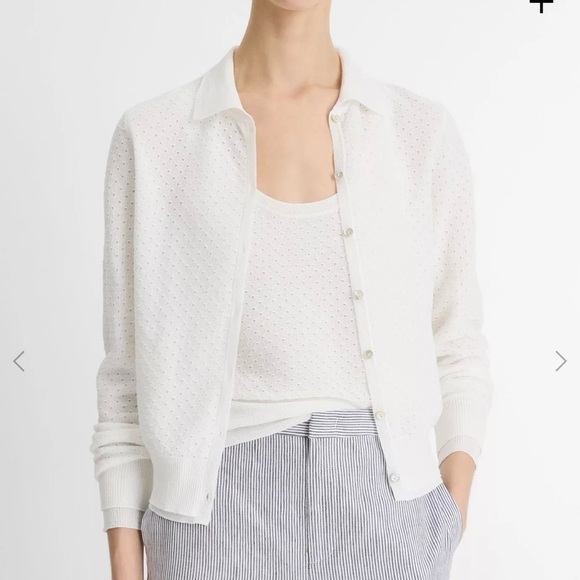 Vince Sweaters - VINCE Women Italian Cotton-Blend Mesh Double Layer Cardigan White Sz M Collared